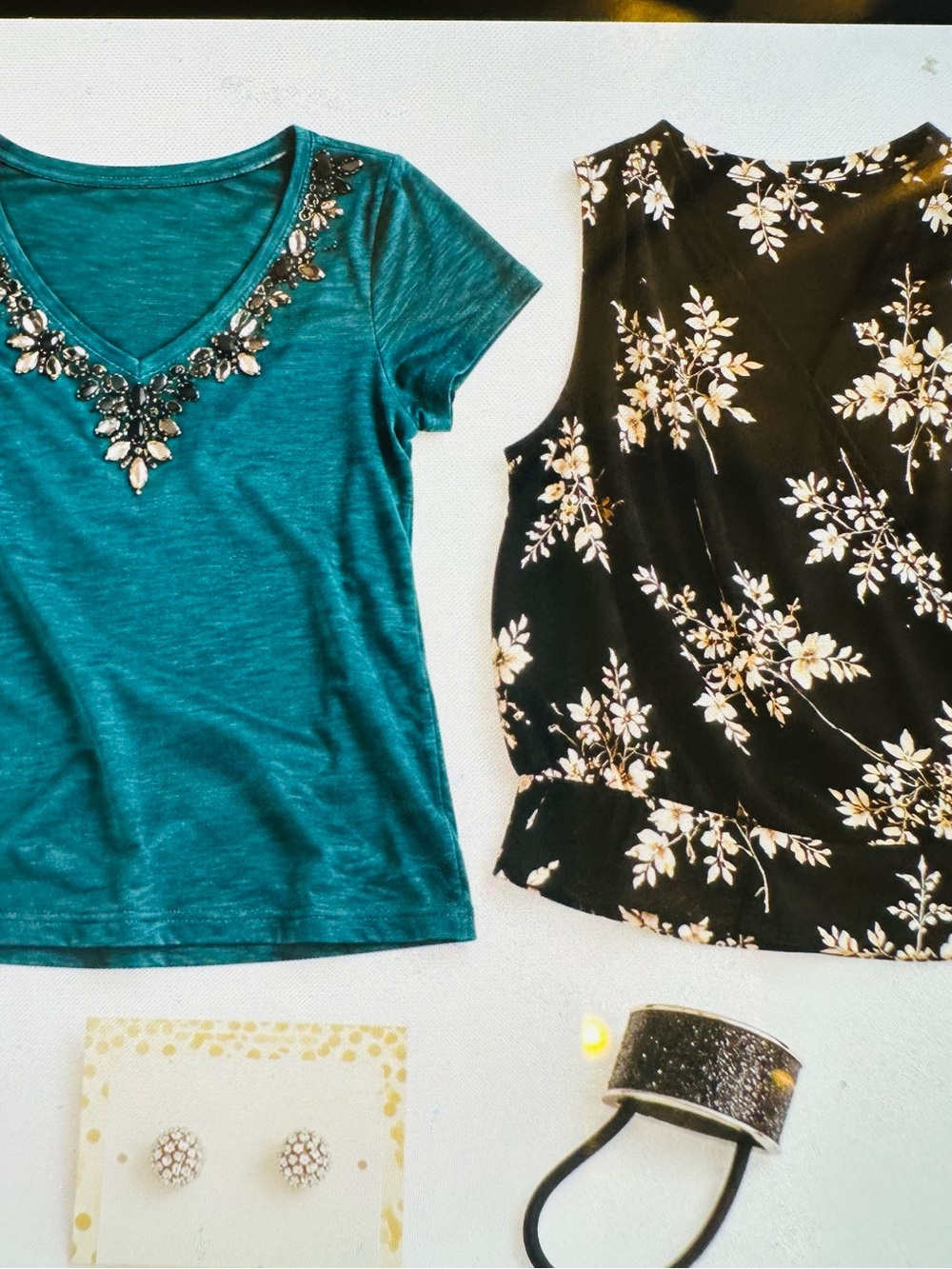 St. John's Bay Teal Short Sleeve V-Neck Top with Jeweled Neckline